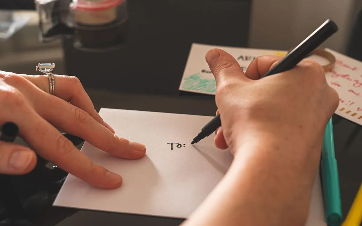 Mãos começam a escrever o destinatário em um envelope em branco; imagem ilustrativa.